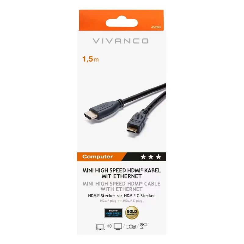 VIVANCO Hochwertiges Mini HDMI Kabel, 1,5m, mit Ethernet, ARC, 3D Unterstützung, 4K Auflösung, vergoldete Kontakte