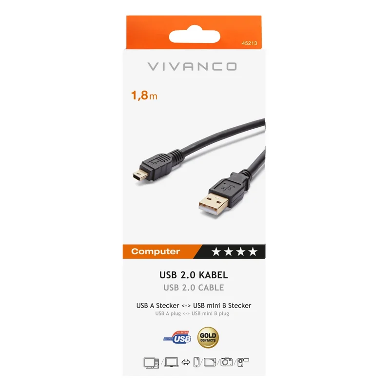 VIVANCO Hochwertiges USB 2.0 Kabel kompatibel mit Mini USB Geräten, Goldkontakte, störungsfreie Datenübertragung, 1,8m