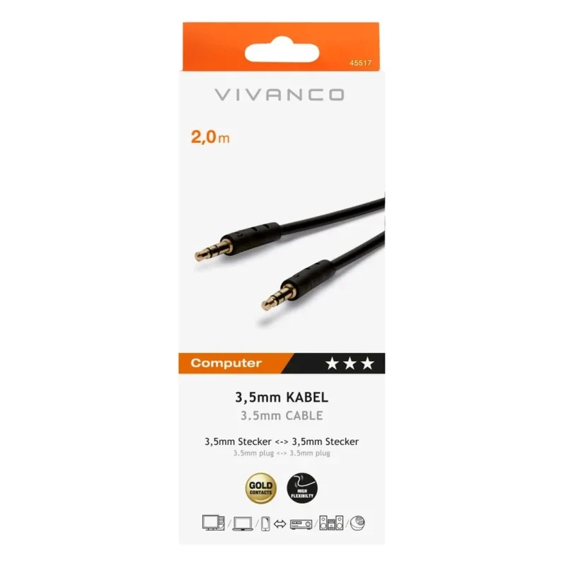 VIVANCO hochwertiges Audio Anschlusskabel kompatibel mit 3,5mm Geräten, Stereo Klinkenkabel, 2m