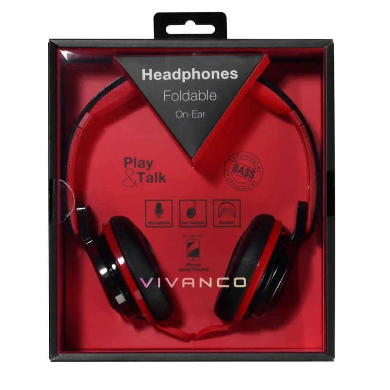 VIVANCO Hochwertige Hifi On-Ear Kopfhörer, Faltbar, Mit Mikrofon, Intensiver Bass, Flachkabel, 3,5 mm Klinke, Schwarz