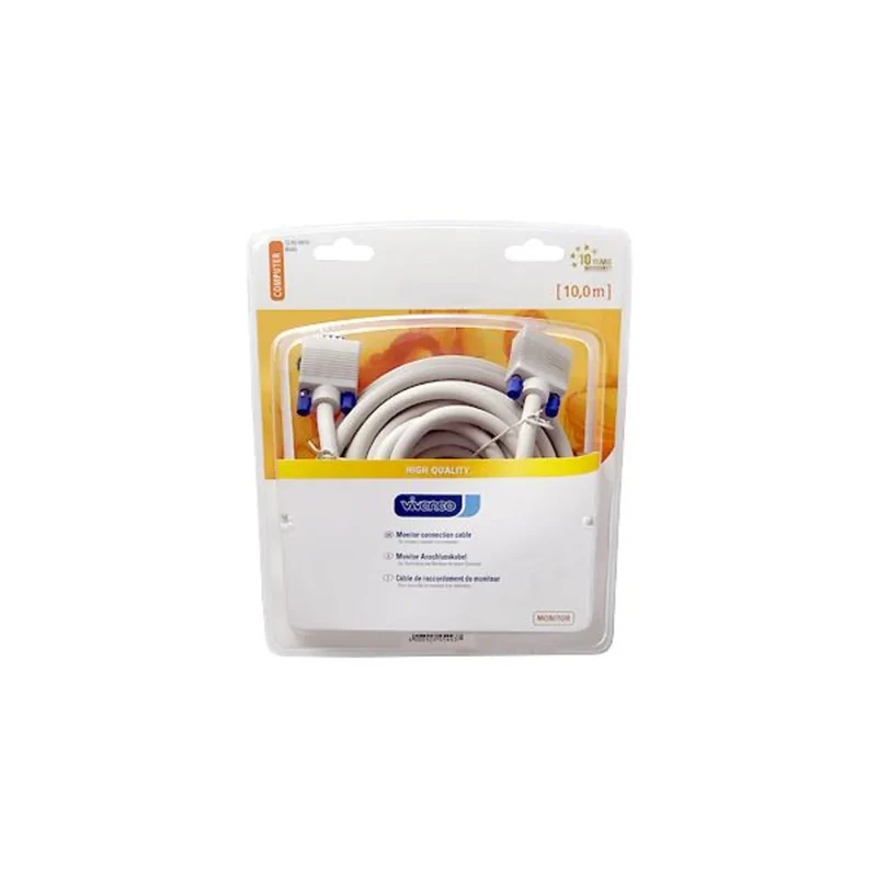 VIVANCO Hochwertiges VGA Kabel, 10m, doppelt geschirmt, Ferritkern, 15 pol. HD Stecker, 75 Ohm, für störungsfreie Videoübertragung