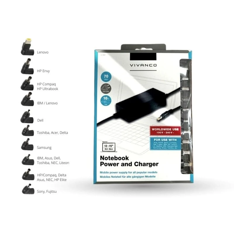 Leistungsstarkes VIVANCO Universal Netzteil 120 Watt mit USB Ladeanschluss und 10 Adapter-Typen für Notebook und Netbook