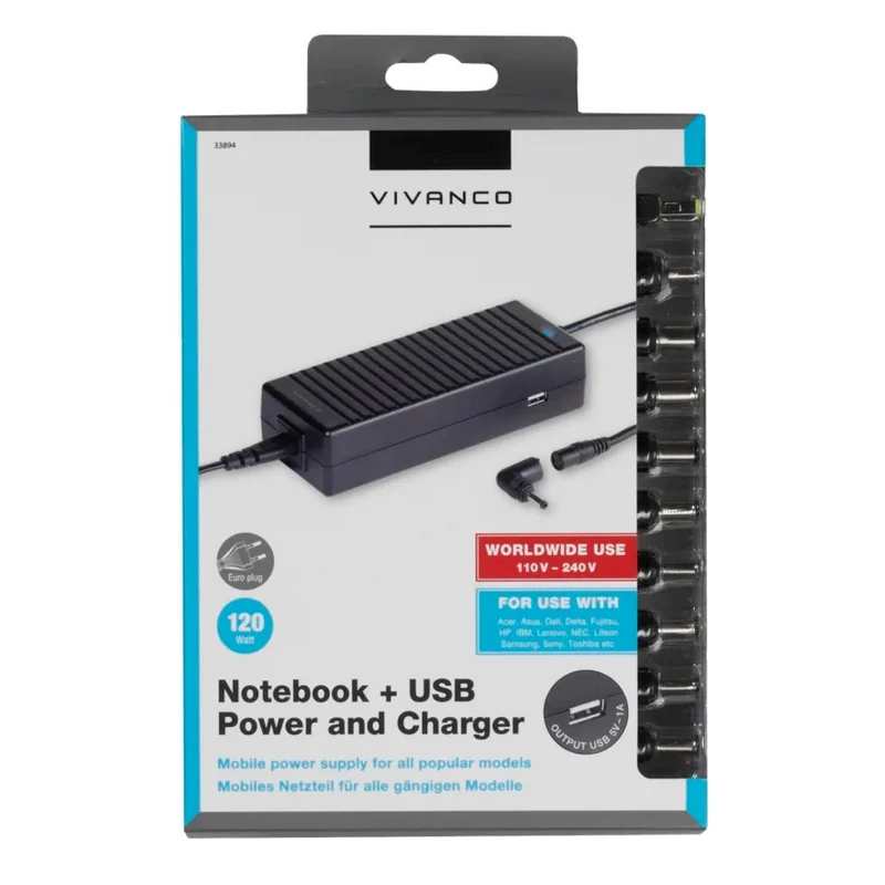 Leistungsstarkes VIVANCO Universal Netzteil 120 Watt mit USB Ladeanschluss und 10 Adapter-Typen für Notebook und Netbook