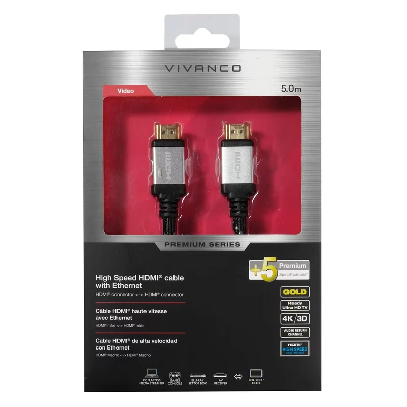VIVANCO Premium HDMI Kabel, High Speed mit Ethernet, 5 m, 4K, UHD, HDR, 3D, Full HD, vergoldete Kontakte, Textilummantelung
