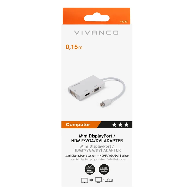 VIVANCO Hochwertiger Universal USB Typ C Hub, Adapter, Mini DisplayPort zu HDMI, VGA, DVI – 0,15 m, hohe Übertragungsrate