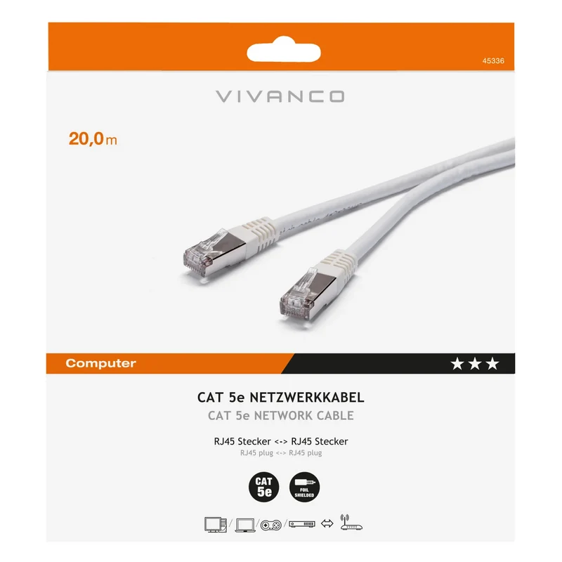 VIVANCO Hochwertiges CAT5e Netzwerkkabel, 20 m, RJ45 Stecker, Voll geschirmt, Gigabit-fähig, Weiß
