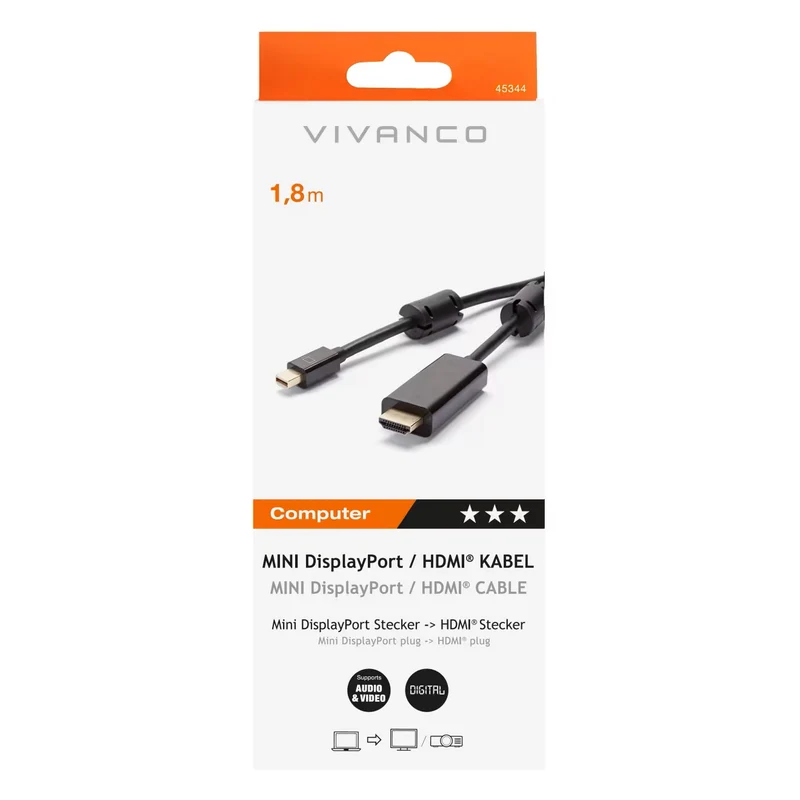 VIVANCO Hochwertiges Mini DisplayPort zu HDMI Kabel, 1,8 m, vergoldete Kontakte, mit Ferritkern, für MacBook und PC