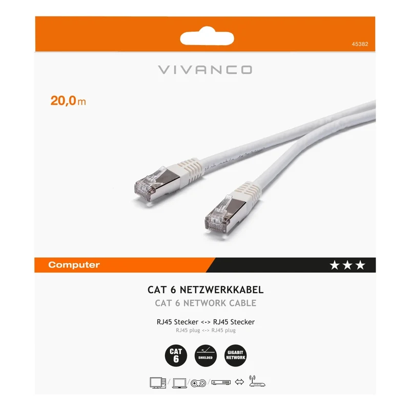 VIVANCO Hochwertiges CAT6 Netzwerkkabel, 20m, Geschirmtes LAN Kabel, RJ45 Stecker, Weiß
