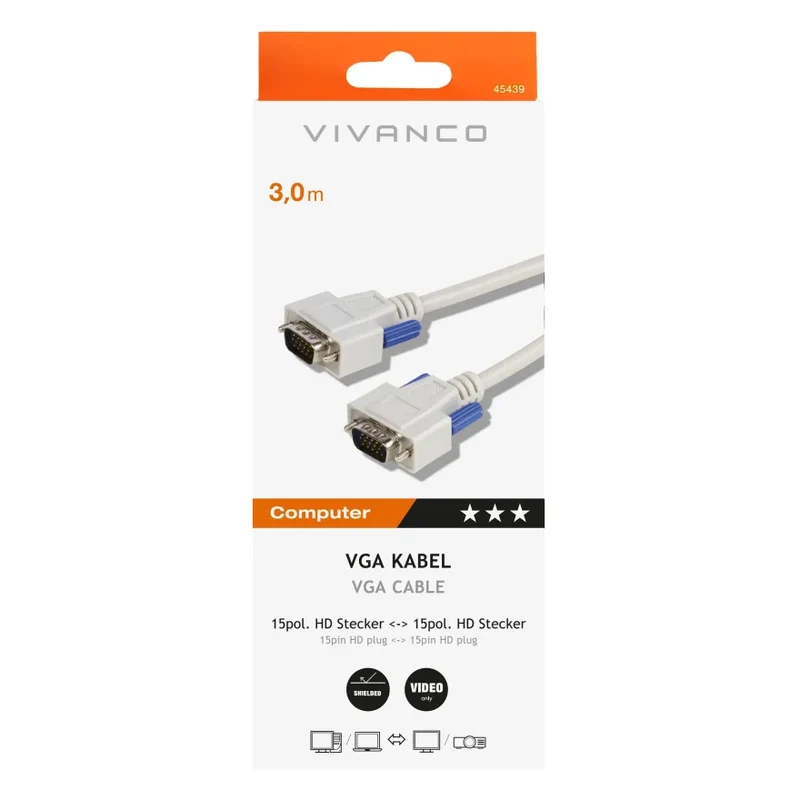 VIVANCO Hochwertiges Monitor Anschlusskabel, SVGA Kabel, 15 pol. HD Stecker, doppelt geschirmt, Ferritkern, 3m VGA