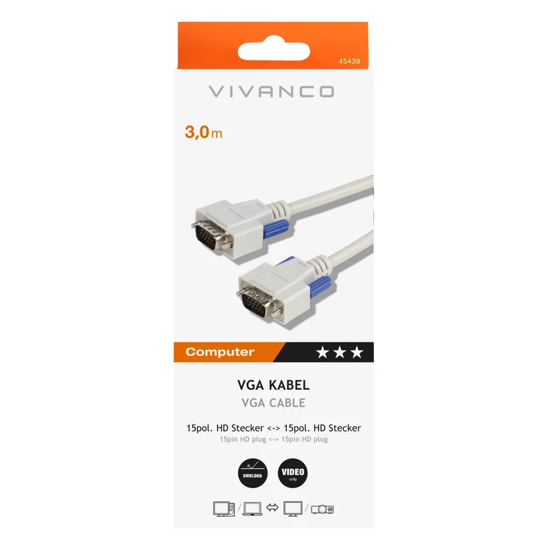 VIVANCO Hochwertiges Monitor Anschlusskabel, SVGA Kabel, 15 pol. HD Stecker, doppelt geschirmt, Ferritkern, 3m VGA