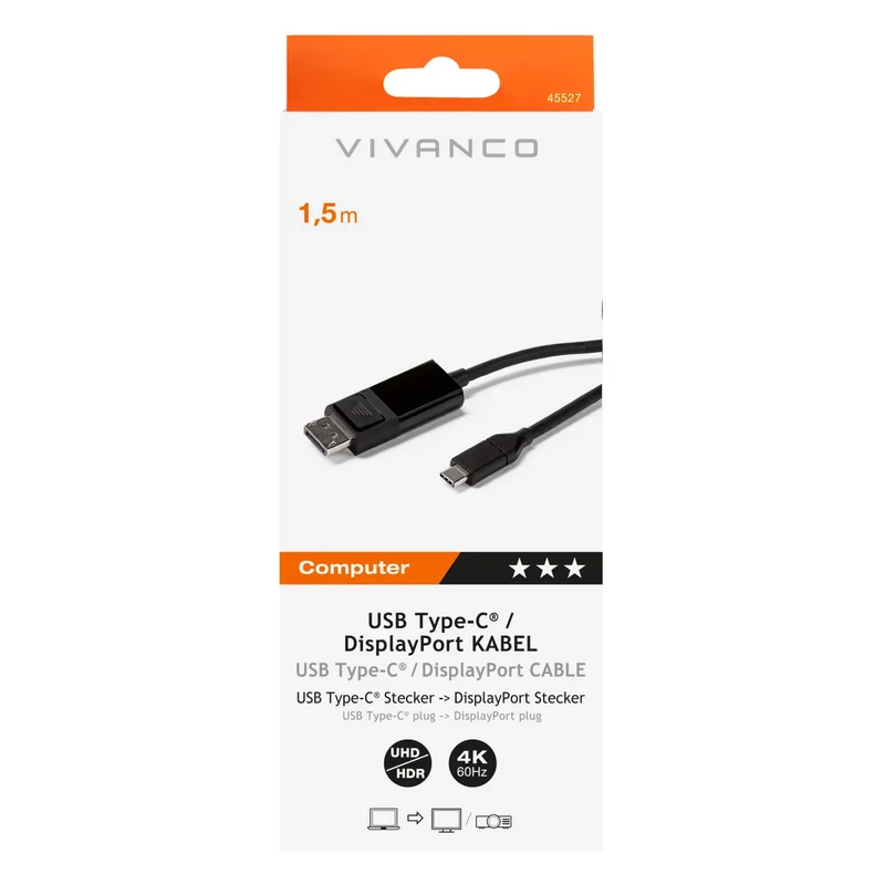 VIVANCO Hochwertiges USB C auf DisplayPort Kabel, 1,5m, 4K@60Hz, für Laptop, Tablet, Monitor oder Beamer