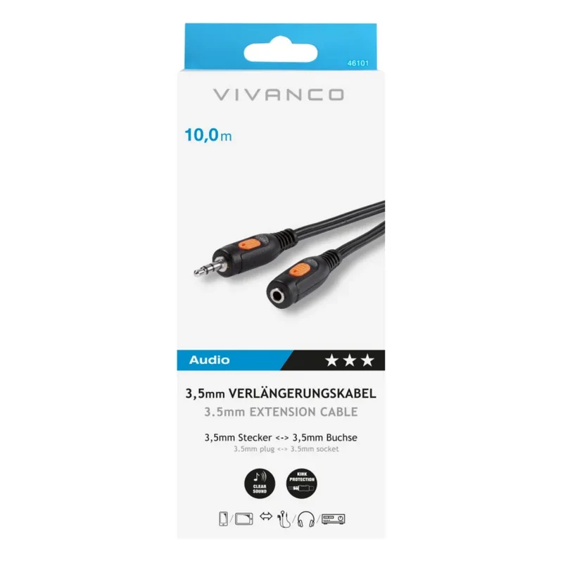 VIVANCO Hochwertige Klinkenverlängerung, 10 m, 3,5 mm Stecker zu Buchse, Audio Verlängerung, kompatibel mit Kopfhörer, AUX