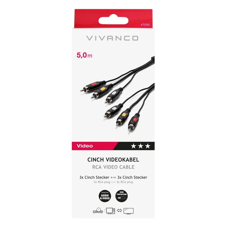 VIVANCO Hochwertige Cinch Videoverbindung, Stereo, 3x Cinch Stecker auf 3x Cinch Stecker, 5 m – Für klare Audio- und Videoübertragung