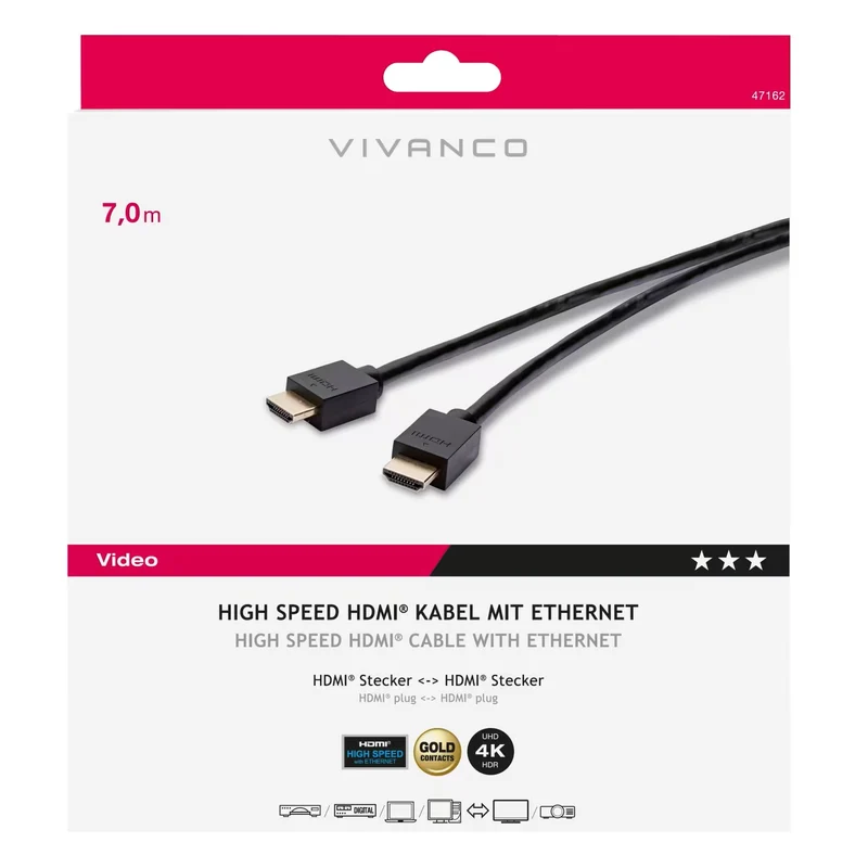 VIVANCO Hochwertiges HDMI Kabel 2.0, 7m, Schwarz, mit Ethernet, 18 Gbps, 4K, 3D, ARC, vergoldete Kontaktflächen