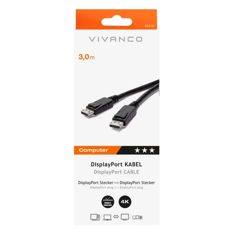 VIVANCO Hochwertiges DisplayPort Kabel, kompatibel mit 4K Monitor, 3m, 4K bei 144Hz, DisplayPort Stecker, schwarz