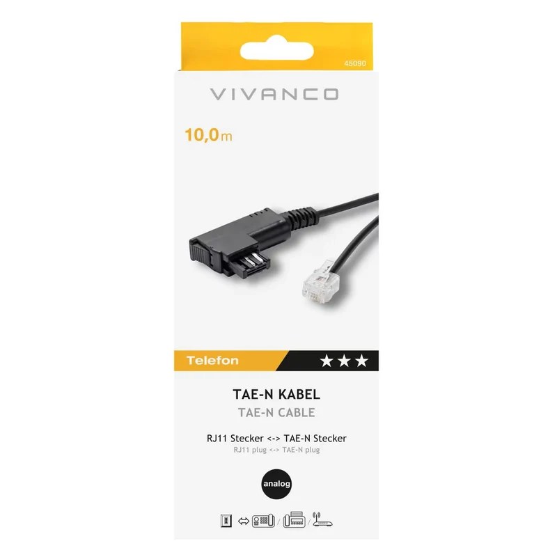 VIVANCO Hochwertiges Telefon Anschlusskabel, kompatibel mit Anrufbeantworter, RJ11 auf TAE N, 2-adrig, 10 m, Schwarz