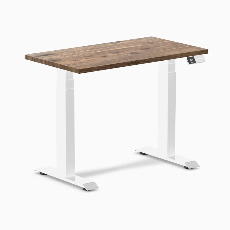 Desky Dual Mini Hardwood Sit Stand Desk 90cm Natural Walnut Desktop and White Frame