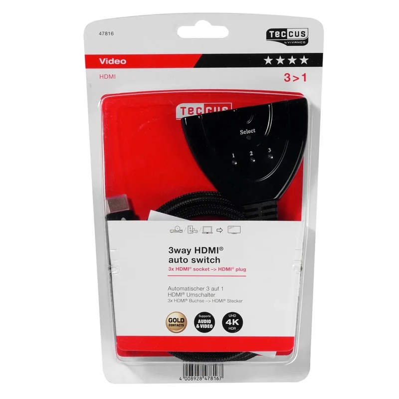 VIVANCO Hochwertiger HDMI Umschalter, 3x HDMI Buchse auf Stecker, automatisch und manuell schaltbar, 10 cm, kompakt