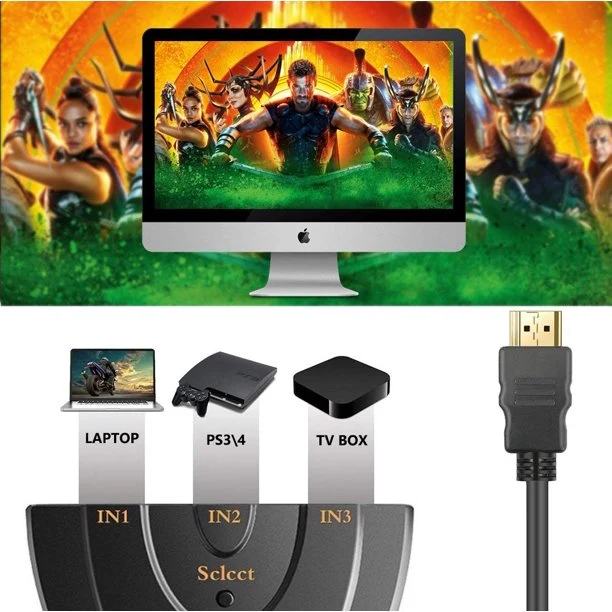 VIVANCO Hochwertiger HDMI Umschalter, 3x HDMI Buchse auf Stecker, automatisch und manuell schaltbar, 10 cm, kompakt