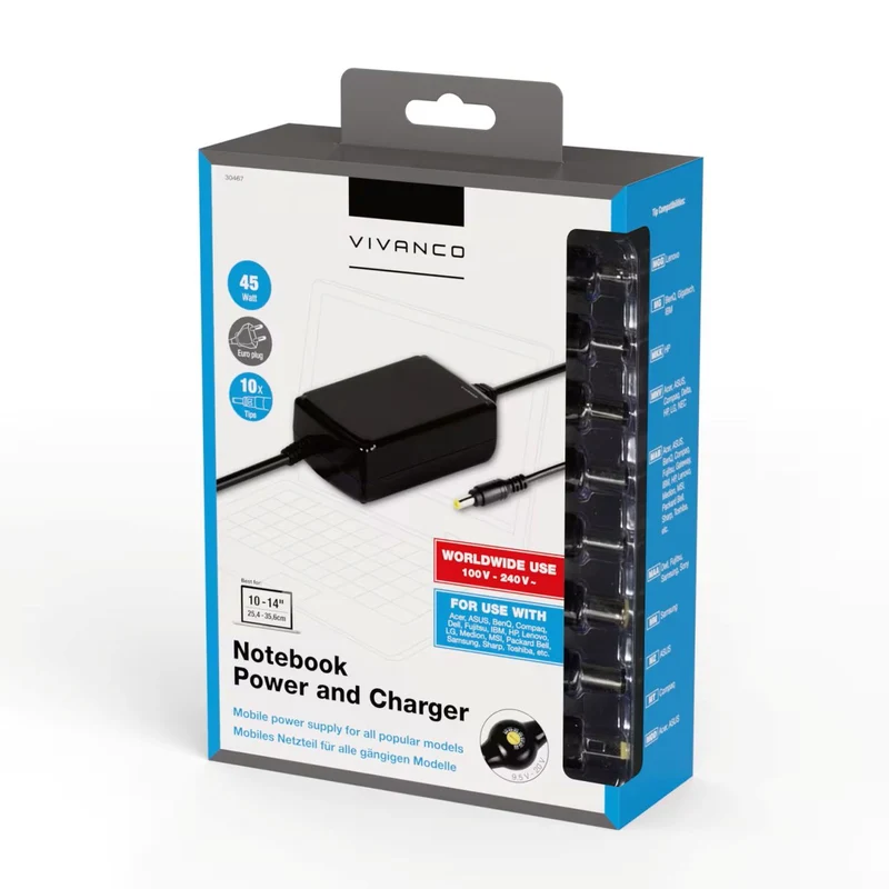 VIVANCO Notebook Ladeadapter 48W - Hochwertiges Universal Netzteil für Notebooks und Netbooks mit 10 Steckertypen, Verpolungs- und Überstromschutz