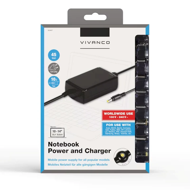 VIVANCO Notebook Ladeadapter 48W - Hochwertiges Universal Netzteil für Notebooks und Netbooks mit 10 Steckertypen, Verpolungs- und Überstromschutz