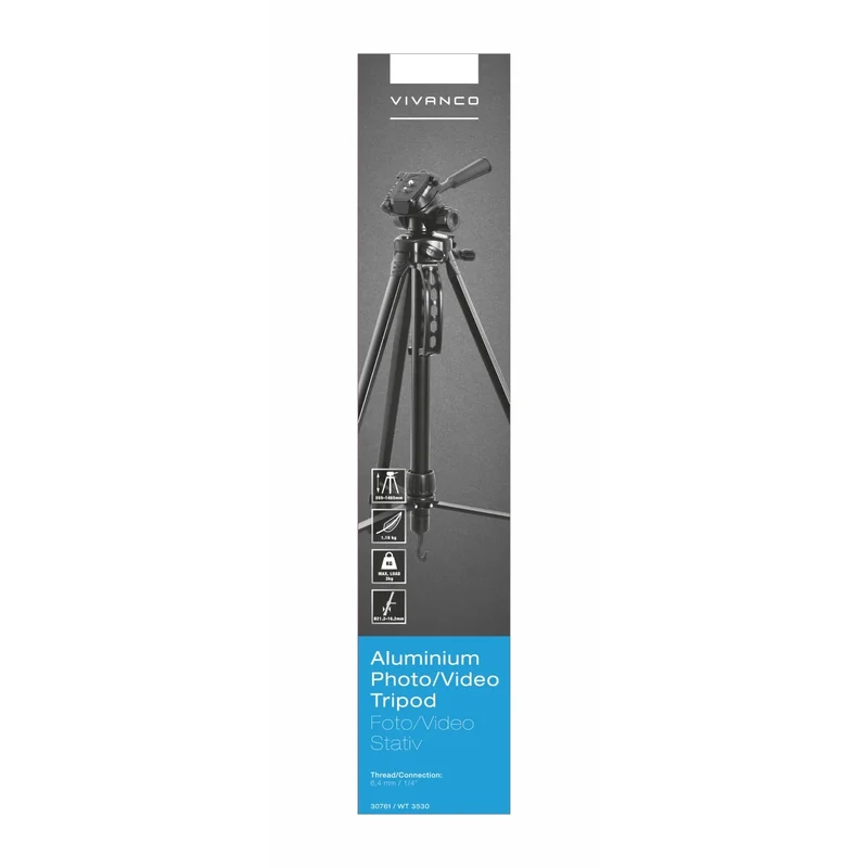 VIVANCO Hochwertiges Kamerastativ aus Aluminium, 145 cm Höhe, 3-Wege-Stativkopf, Tragetasche, bis 3 kg belastbar