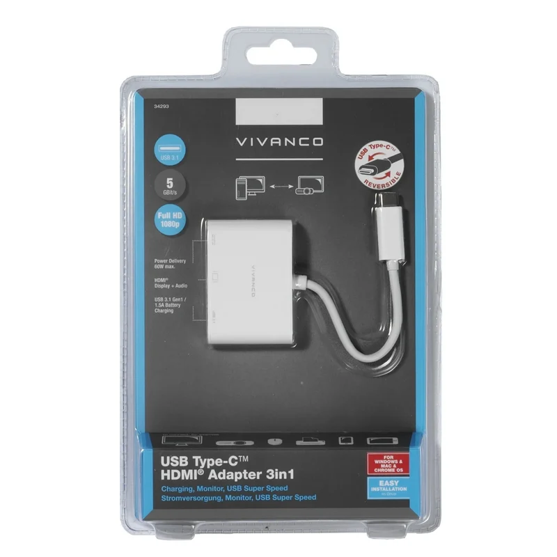 Hochwertiger VIVANCO USB Type C HDMI Adapter 3in1, 1080p, USB 3.1 Super Speed, Ladefunktion, 0,10 m