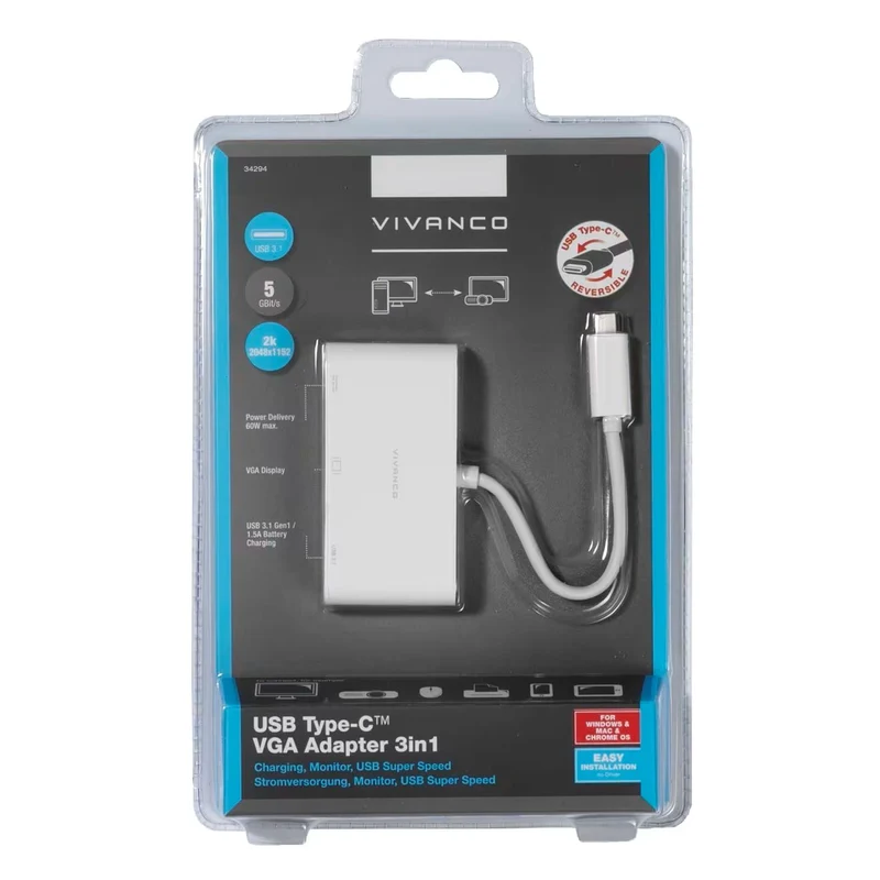 VIVANCO Grandioser USB Type-C Hub, VGA Adapter 3in1, Unterstützt USB 3.1 Super Speed 5 Gbps, Auflösung bis zu 2048x1152 bei 60 Hz