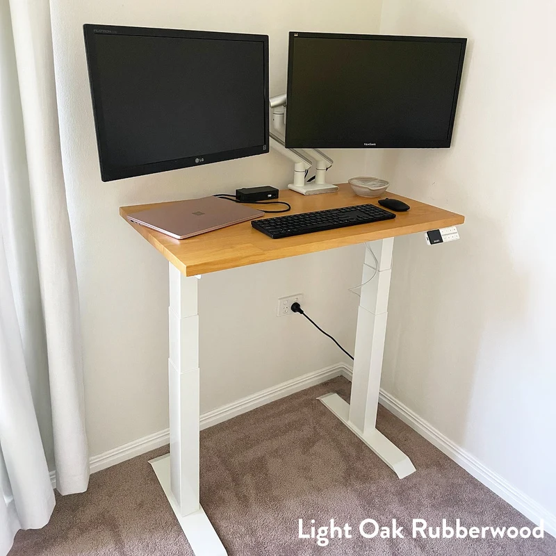 Desky Dual Mini Rubberwood Sit Stand Desk 100cm Light Oak Desktop and White Frame