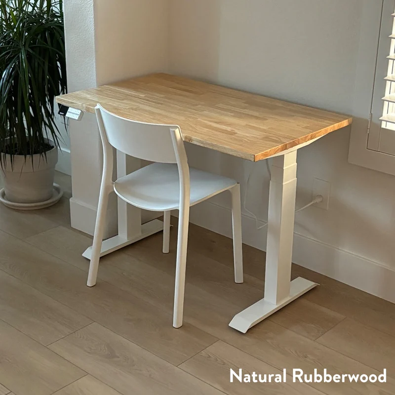 Desky Dual Mini Rubberwood Sit Stand Desk 100cm Light Oak Desktop and White Frame