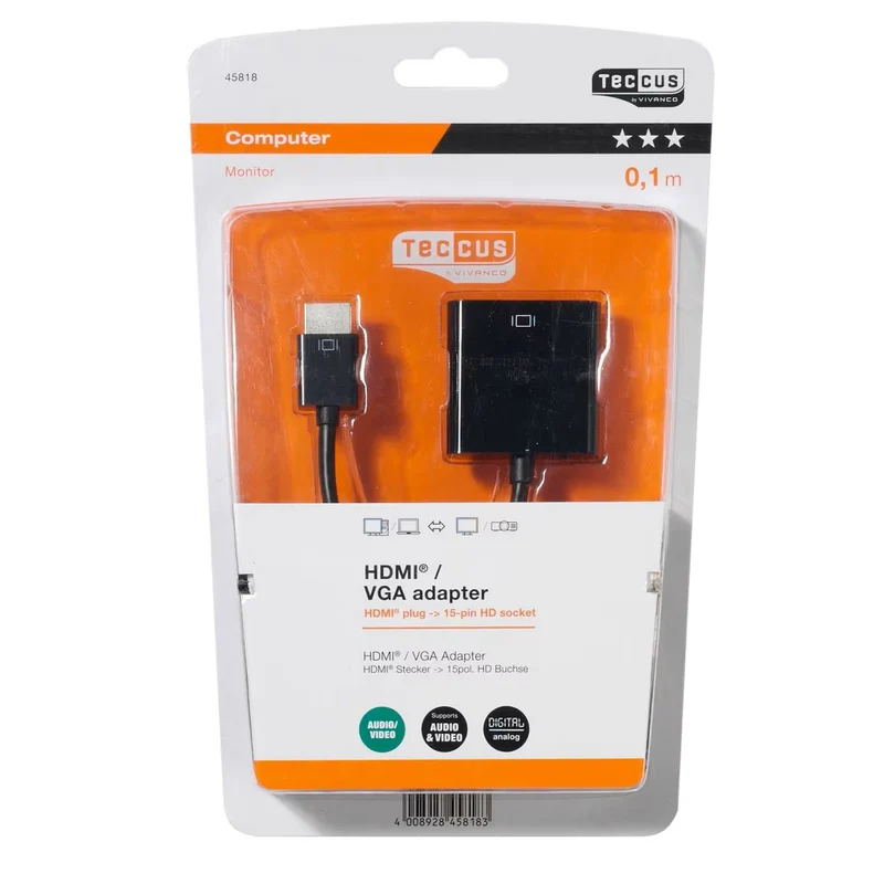 VIVANCO Hochwertiger HDMI auf VGA Adapter, kompatibel mit Monitor und Beamer, Audioausgang, Micro USB, 0,1m