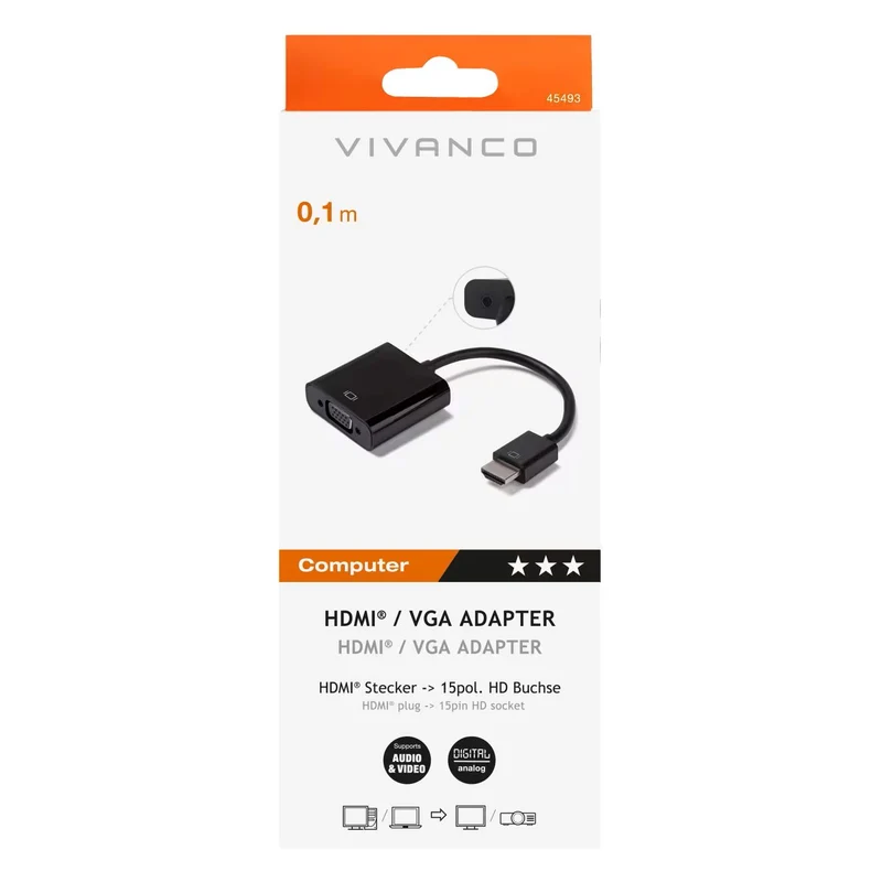 VIVANCO Hochwertiger HDMI VGA Adapter, 0,1 m – HDMI® Stecker auf VGA Buchse, mit Audioausgang, Digital zu Analog