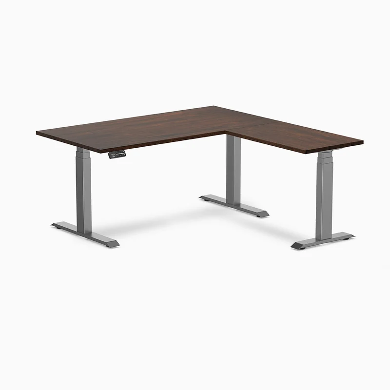 Desky Rubberwood L-Shape Sit Stand Desk 180 x 175 cm Red Walnut Top and Wheat Leg