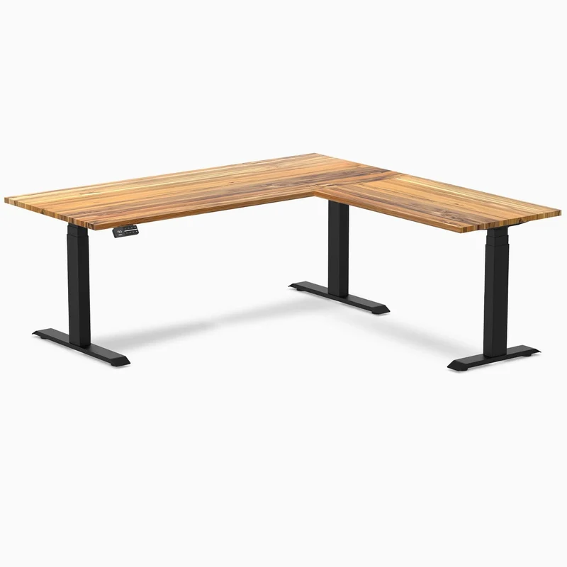 Desky Hardwood L-Shape Sit Stand Desk 180 x 175 cm Teak Top and Matte Black Leg