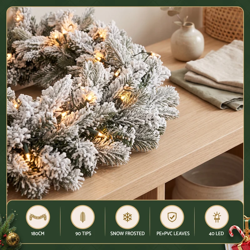Jingle Jollys 1.8M Christmas Garland 8 Mode LED Snow Frosted Tips Auto Timing
