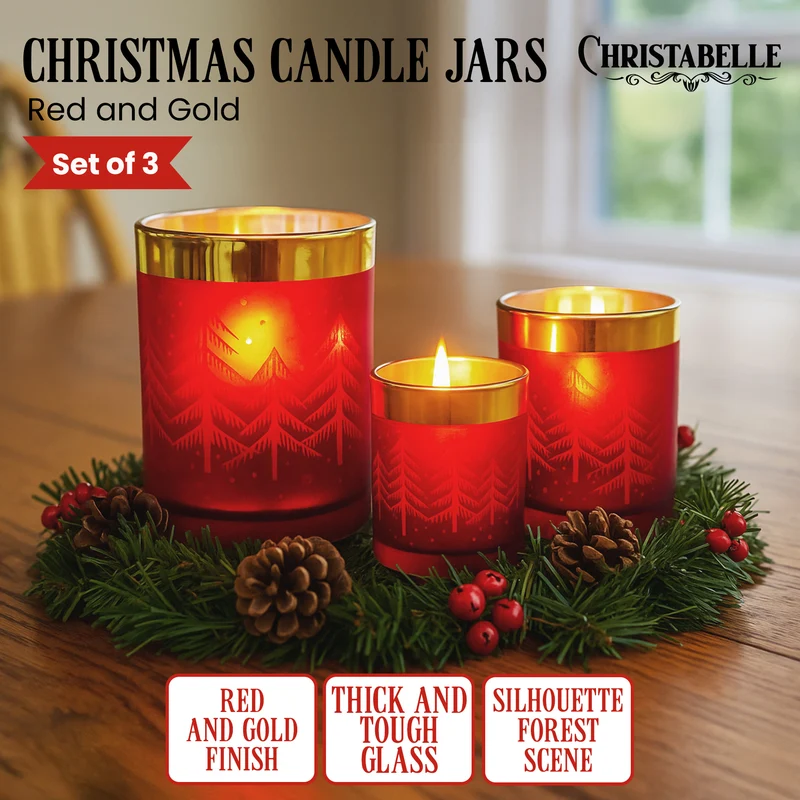 Christabelle Christmas Candle Jar Set of 3 Red and Gold Holiday Candle Holders