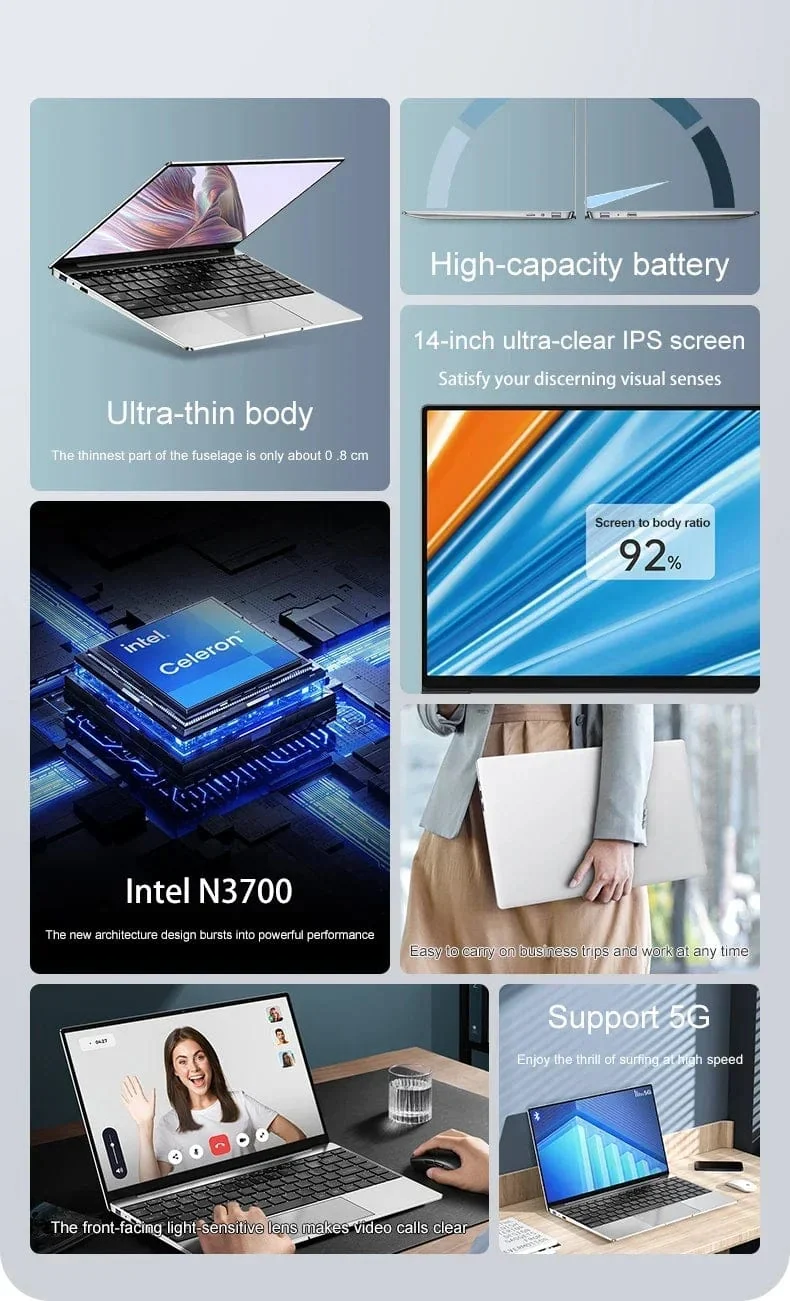 14.1 collu īpaši plāns klēpjdators, 16 GB RAM 2 TB SSD Intel N3700 piezīmjdators Gamer 1920*1080 displejs biroja mācību dators dators Windows 11 Pro