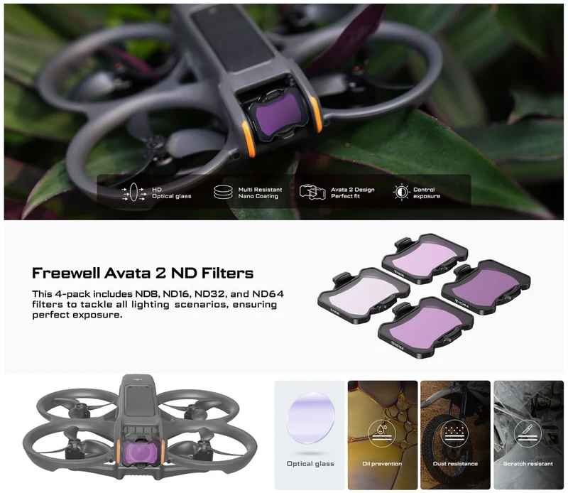 Freewell 4-pack ND Filter Set for DJI Avata 2 (ND8 16 32 64)