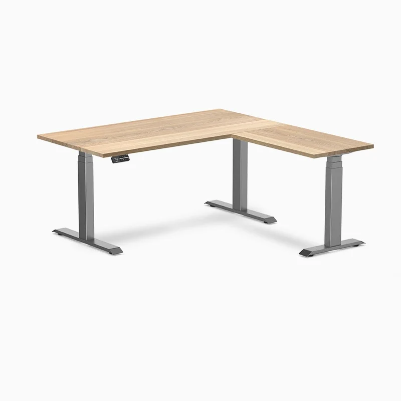 Desky Hardwood L-Shape Sit Stand Desk 150x155cm White Ash and Space Grey Leg