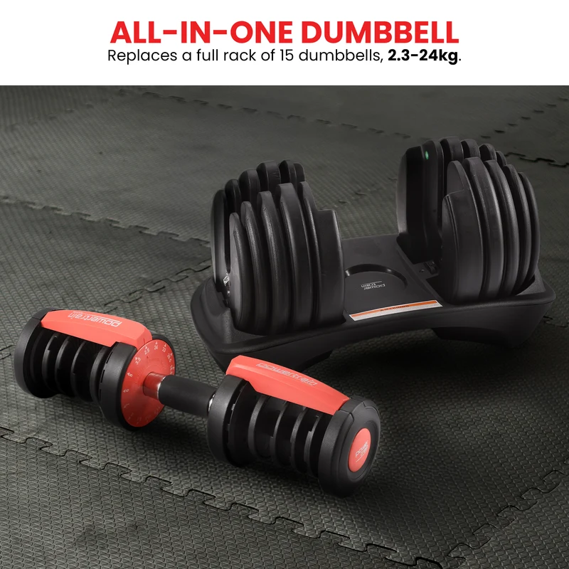 Powertrain 24kg Adjustable Dumbbell Home Gym Exercise Weights Free Workout (Red)