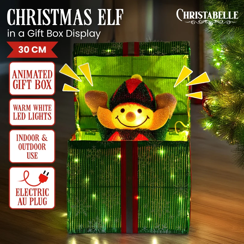 Christabelle Animated Elf Gift Box LED Ornament