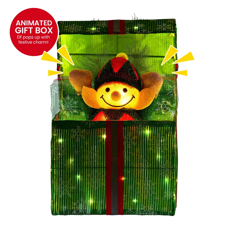 Christabelle Animated Elf Gift Box LED Ornament