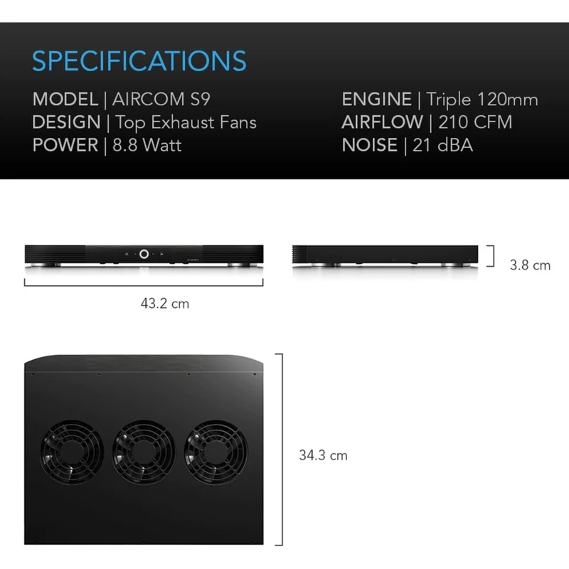 AC Infinity Aircom S9 210 CFM Component Cooler Top Exhaust Quiet Fan 75cm