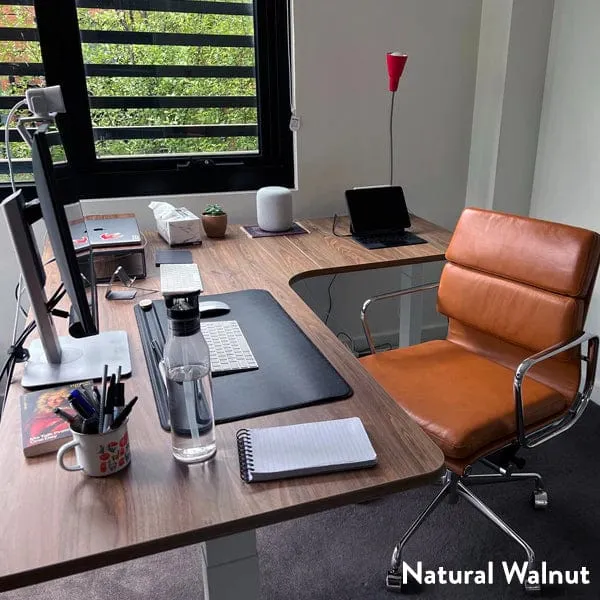 Desky L-Shape Melamine Sit Stand Desk 200cm - Right Return Black Top and Wheat Leg