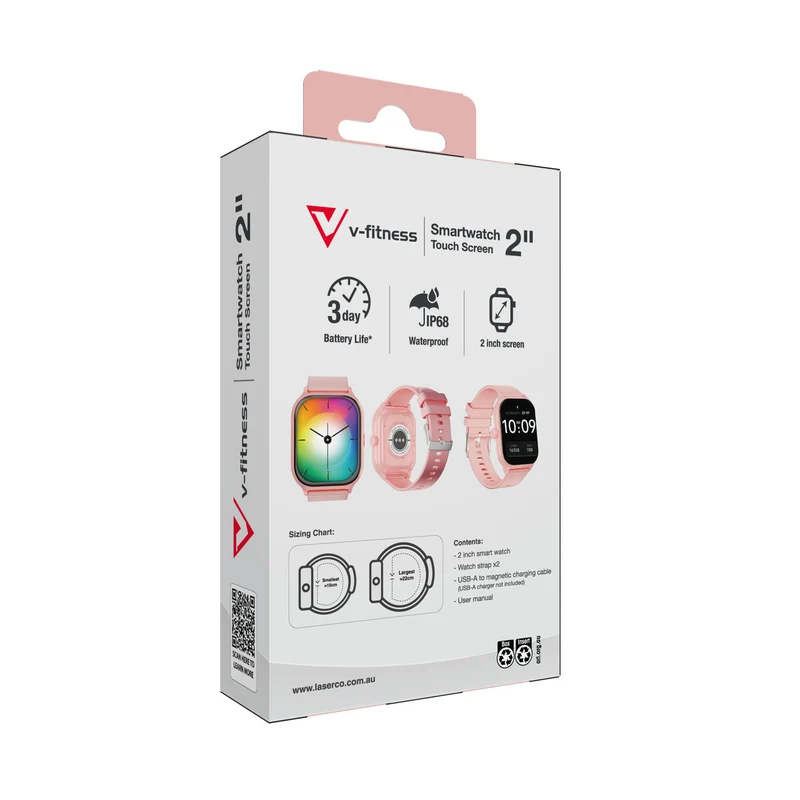 V-Fitness 2"Touch Screen Smart Watch with Health Tracking (Pink)
