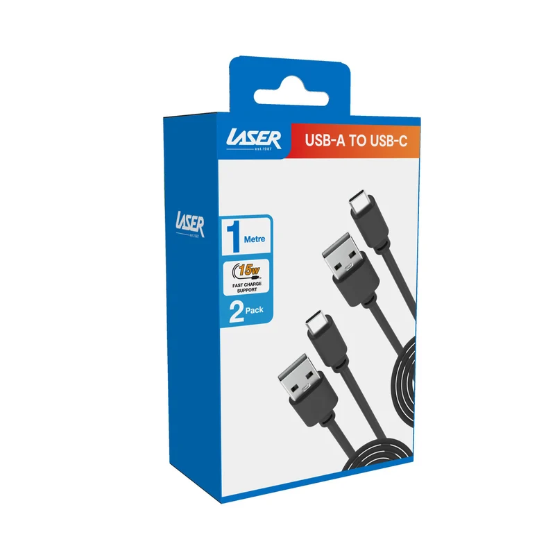 Laser 1m (2-pack) USB Type-C to A Cable Fast Charge (Black)