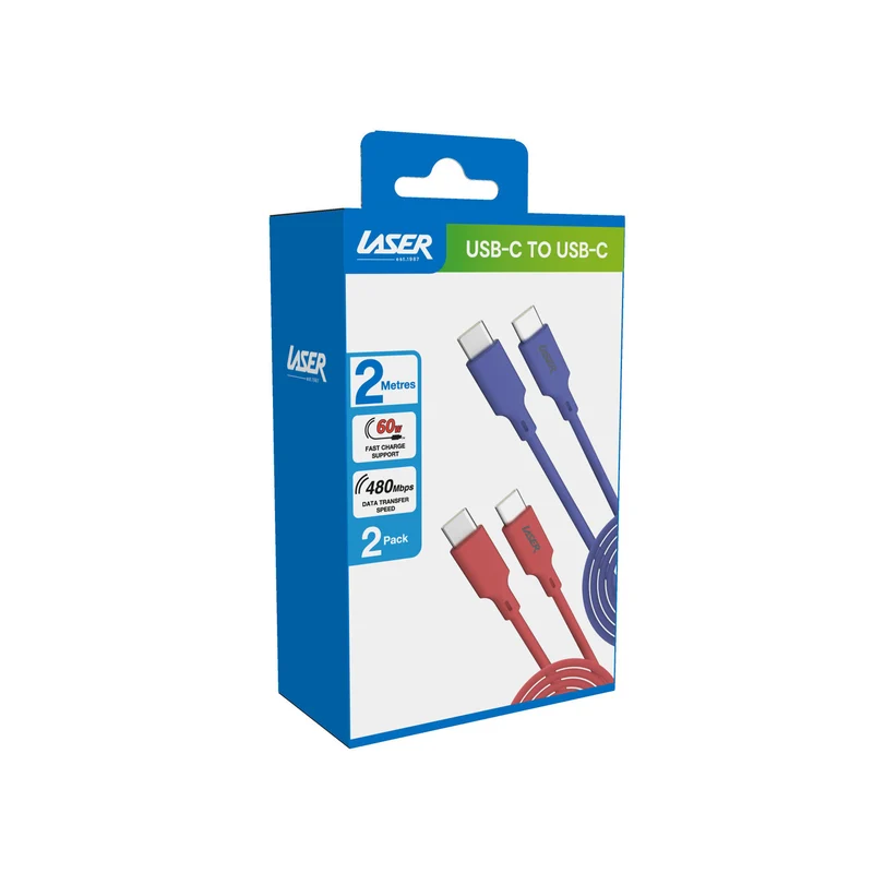 Laser 2m (2-pack) USB-C to USB-C Cable 60W (Red/Blue)