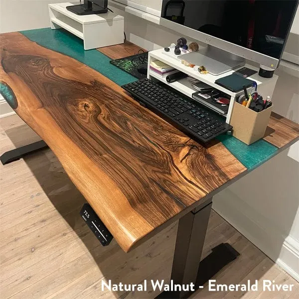 Desky Dual Resin Hardwood Sit Stand Desk 180cm Natural Walnut Emerald River Desktop and Wheat Frame