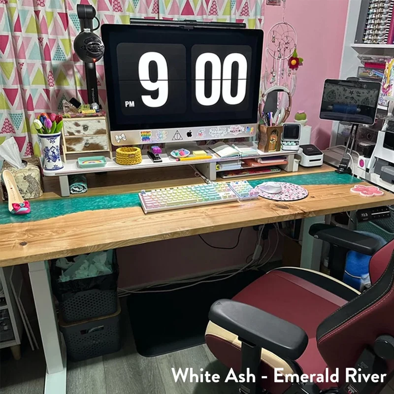 Desky Dual Resin Hardwood Sit Stand Desk 180cm White Ash Emerald River Desktop and Wheat Frame
