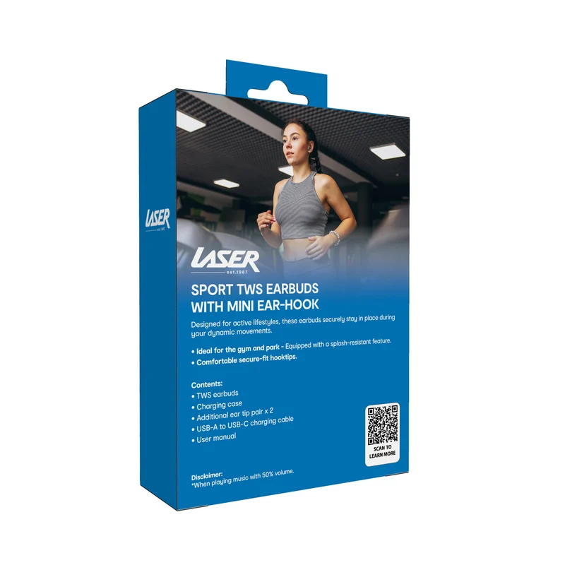 Laser Sport TWS Earbuds with Mini Ear-Hook Black
